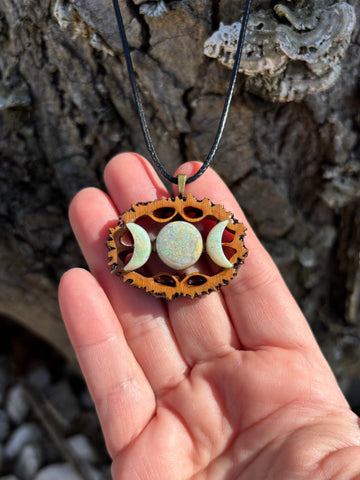 Aura Opal Triple Moon Walnut Pendant Necklace