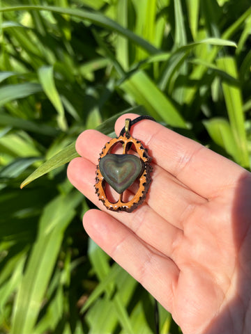 Rainbow Obsidian Heart Walnut Pendant Necklace