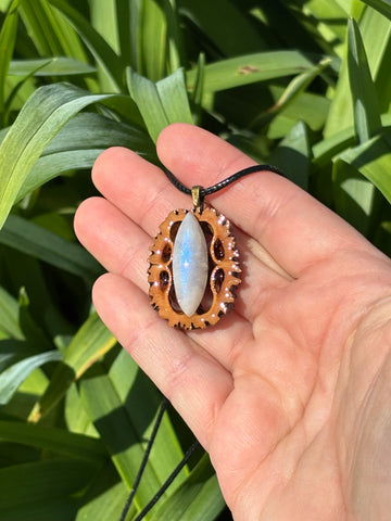 Rainbow Moonstone Walnut Pendant Necklace