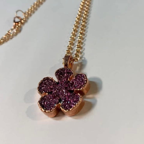 Pink Aura Druzy Quartz Flower Copper Pendant Necklace