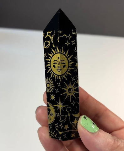 Black Obsidian Standing Point with carved/painted shapes/symbols