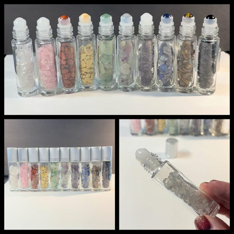 Glass Bottle Roller with Crystal roller ball and Crystal chips inside