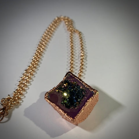Rainbow Aura Quartz Geode Copper Pendant Necklace