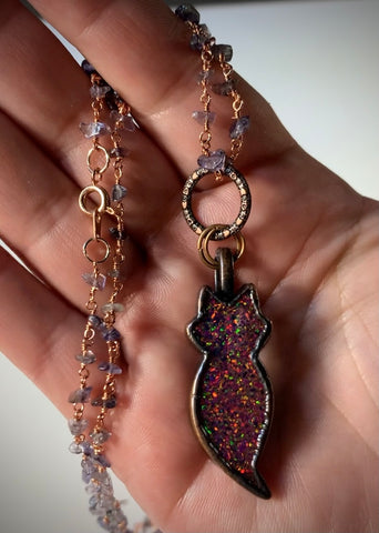 Copper Electroformed Resin Ghost Kitty Pendant Necklace