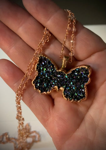Rainbow Aura Druzy Butterfly Copper Pendant Necklace