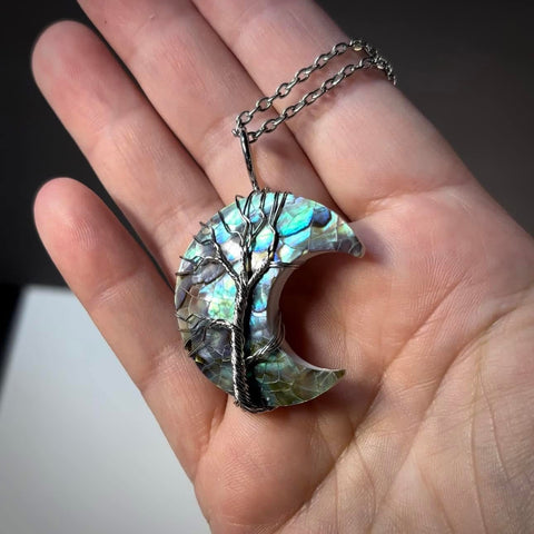 Wire-Wrapped Abalone Moon Pendant Necklace