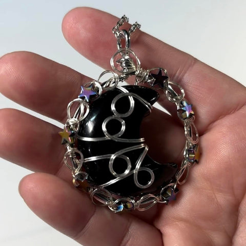 Obsidian Moon Wire-Wrapped Pendant Necklace