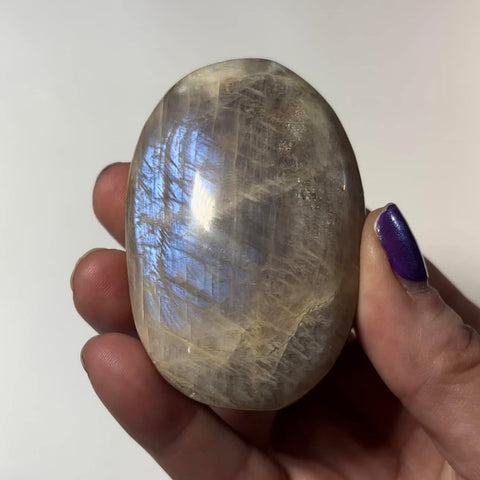 Polished Blue-Flash Belomorite Moonstone Palm Stone