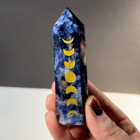 Sodalite Standing Point with carved/painted Moon Phase