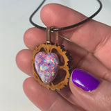 Aura Opal in Resin Heart Walnut Pendant Necklace