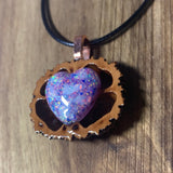 Aura Opal in Resin Heart Walnut Pendant Necklace